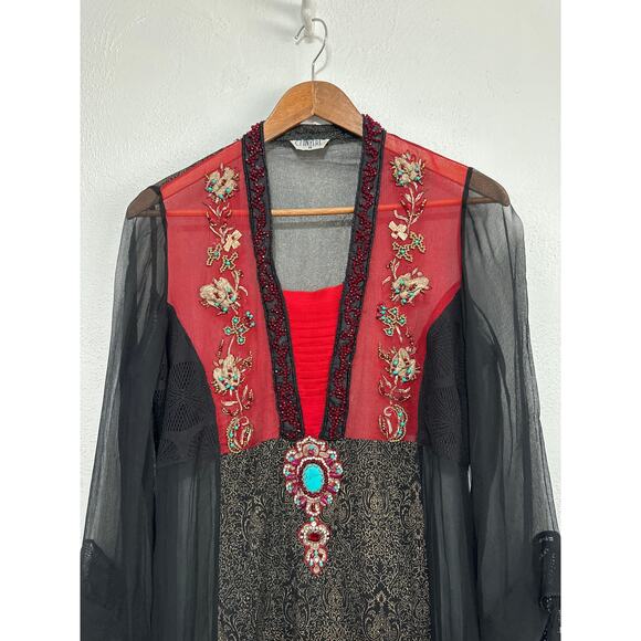 VTG STUNNING Chinyere Sheer Beaded Dress M Whimsigoth Dark Romantic Boho Hippie - Picture 5 of 16